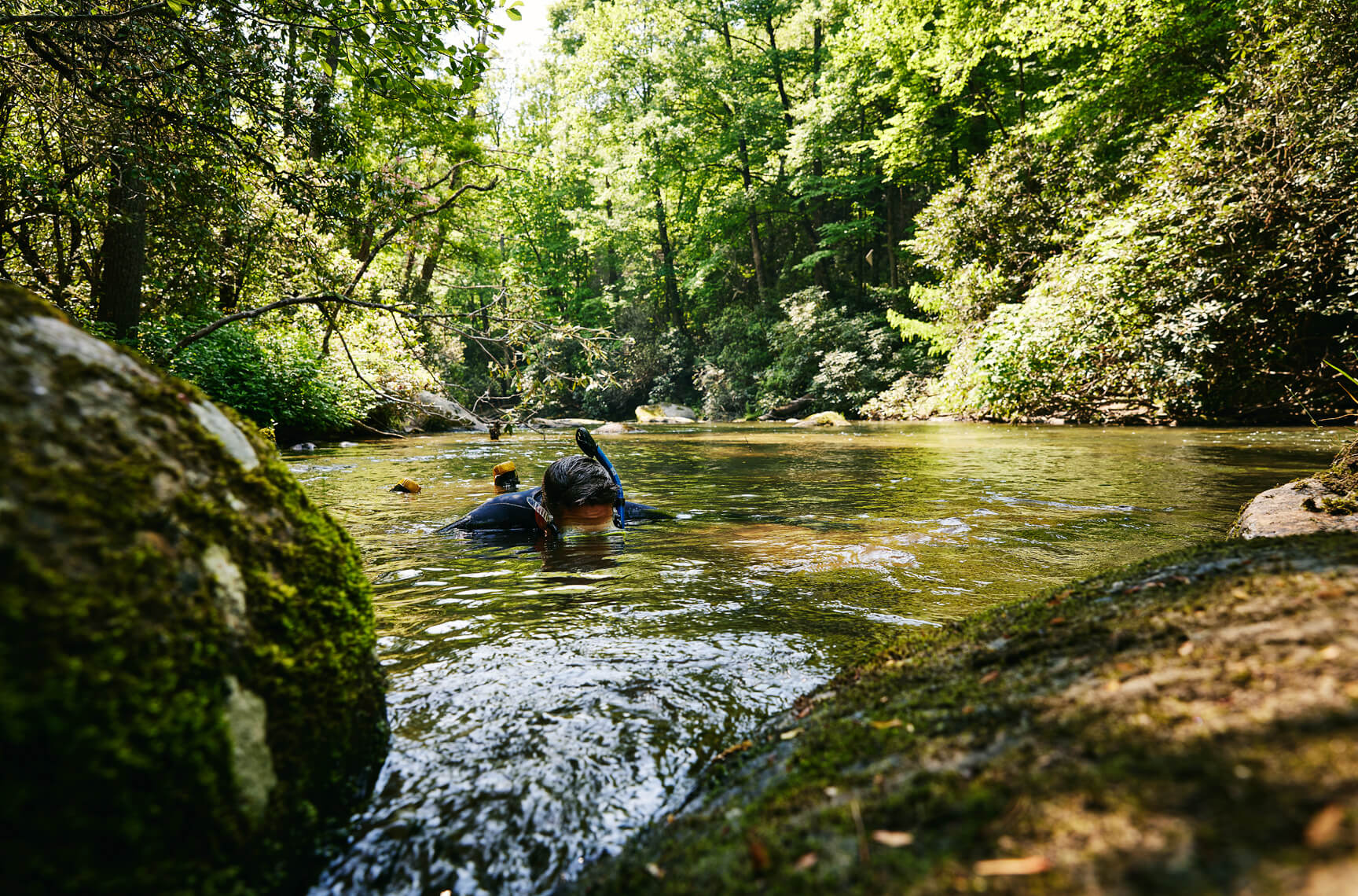 Person face down with snorkeling gear in a mountain river