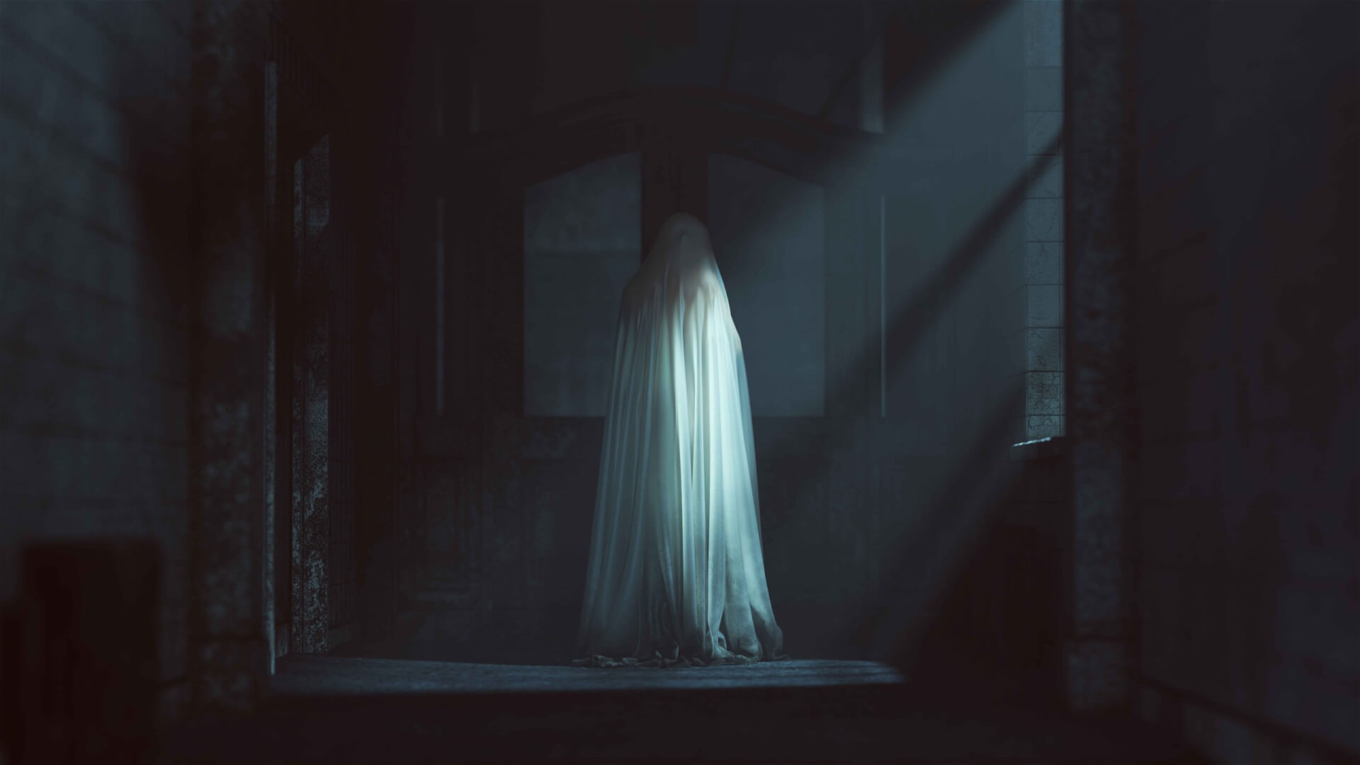 A picture of a ghost in a dark room.