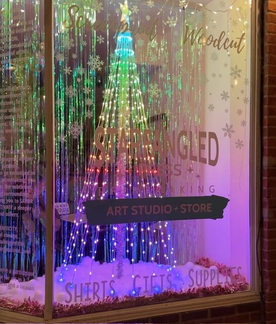 Holiday window display decorated for the Holiday Windows Competition at Starfangled Press in Downtown Brevard