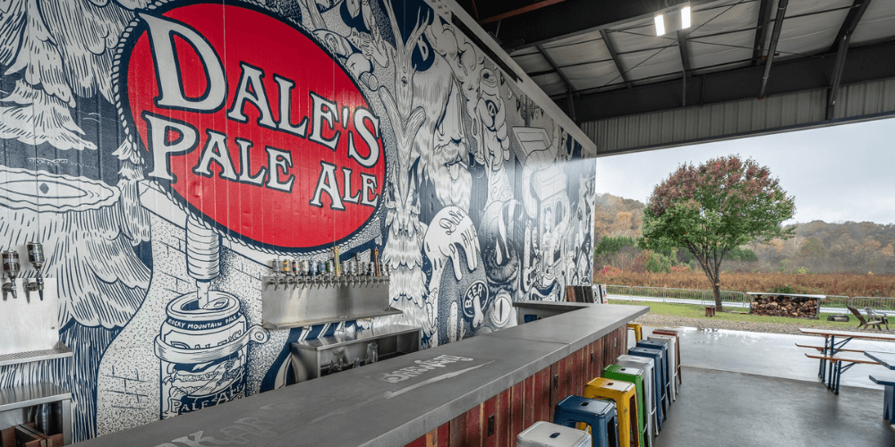 The outdoor patio space at Oskar Blues Brewery in Pisgah Forest.