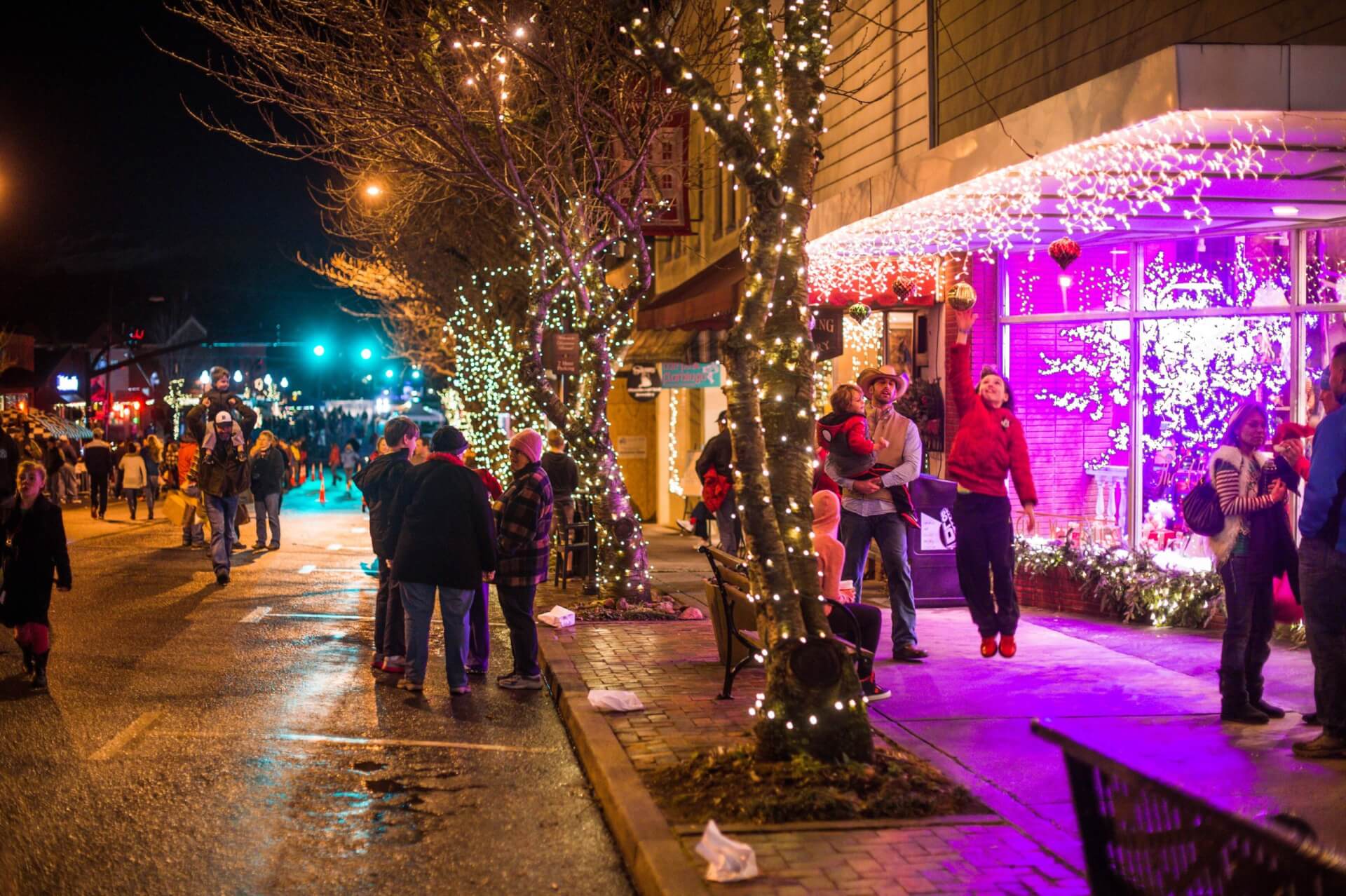 Streetscape during Light Up the Night in Downtown Brevard during the holiday season